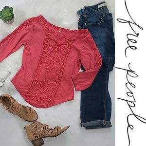 Free People Red Lace Boatneck Quarter Sleeve Tee